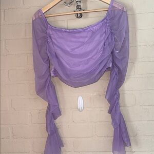 Cropped shirt Mesh new ruched long bell sleeve stretch square neck line XL NEW